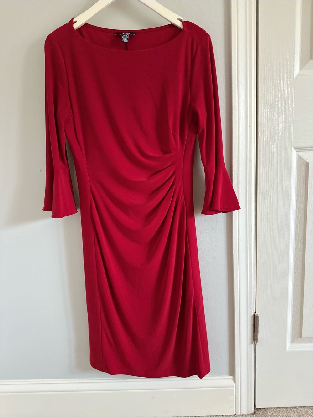 Chaps Red Ruched Sheath Dress with Fluted Sleeves
